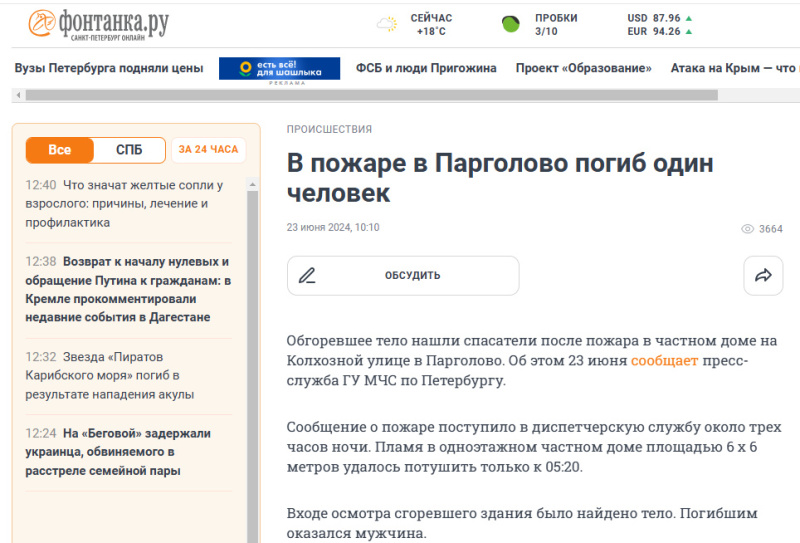 В пожаре в Парголово погиб один человек